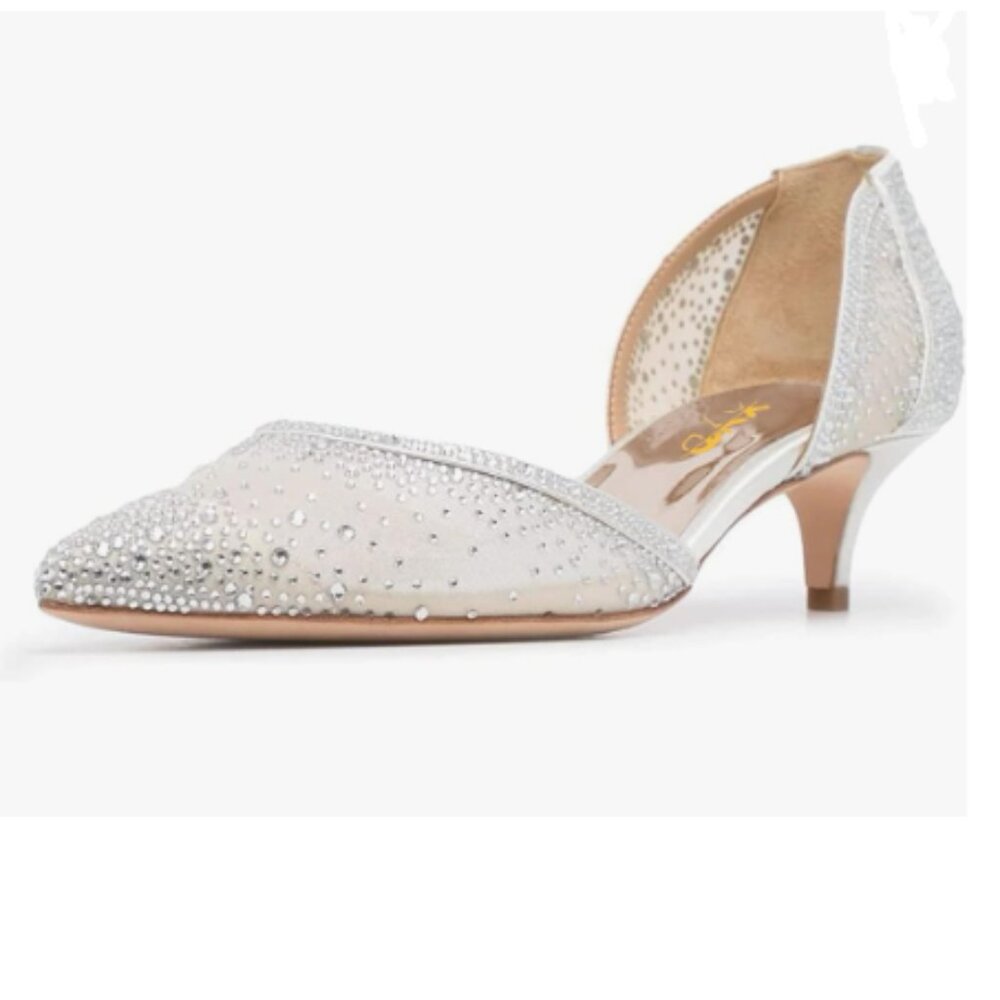 XYD Ivory Mesh Pointed Toe D'Orsay Kitten Heel Rhinestone Studs Slip-On Shoes - Picture 1 of 8